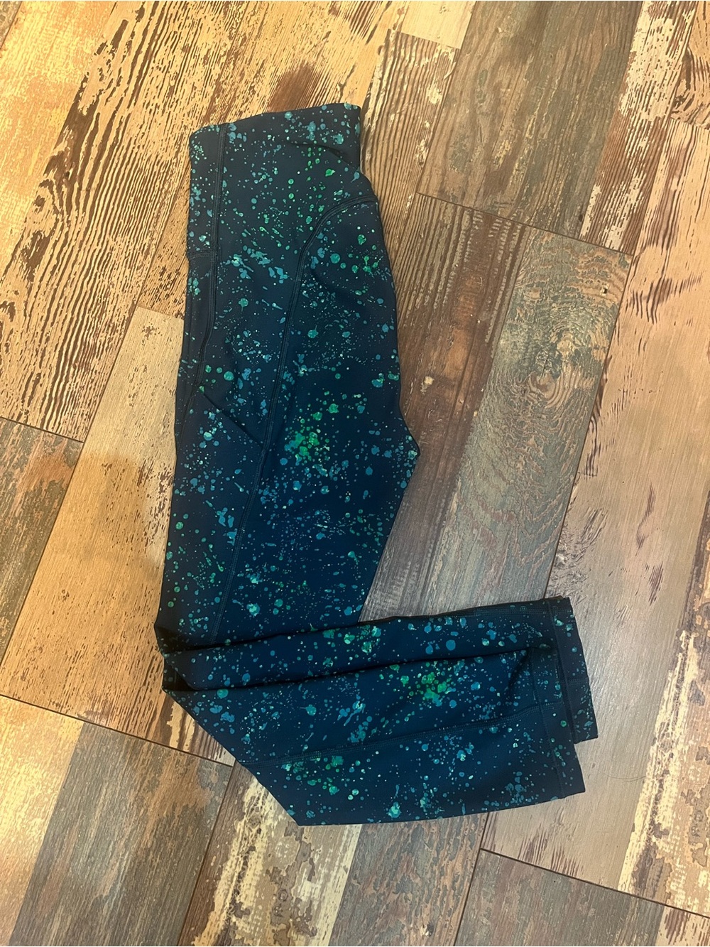 Athleta Black Leggings with Teal and Green Splatter